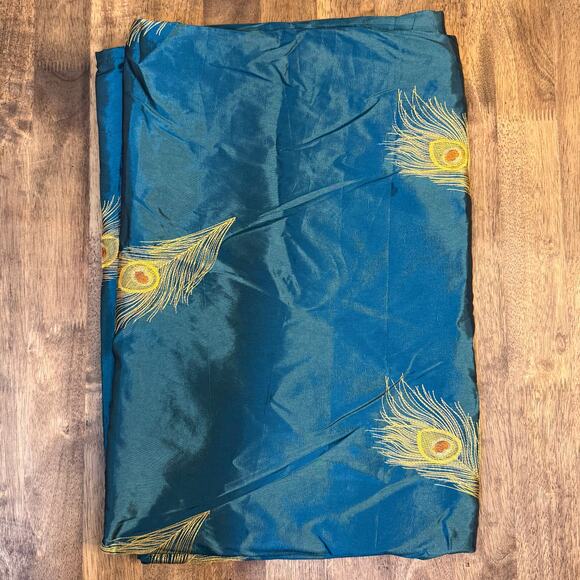 Pier 1 Imports Teal Blue Peacock Feather Curtain Panel Embroidered Lined 54x84 - Picture 7 of 8